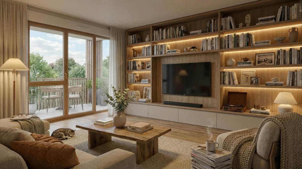 Salon avec bibliothèque sur mesure – Résidence Héritage à Obernai | Trianon Résidences
