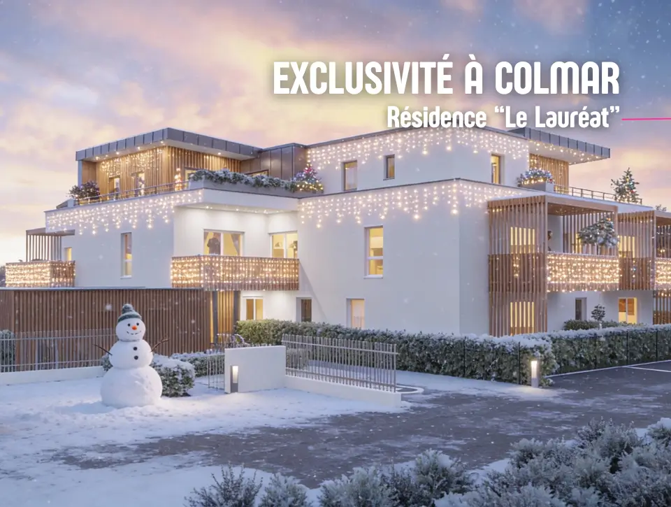 Résidence Le Lauréat à Colmar sous la neige, un programme signé Trianon Résidences décoré pour les fêtes de fin d’année.
