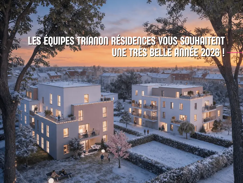 Résidences Trianon à Kembs sous la neige, accompagnées du message de vœux pour une belle année 2026.