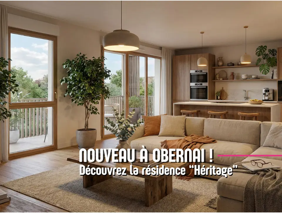 Intérieur de salon avec cuisine ouverte dans un appartement de la Résidence Héritage à Obernai par Trianon Résidences.