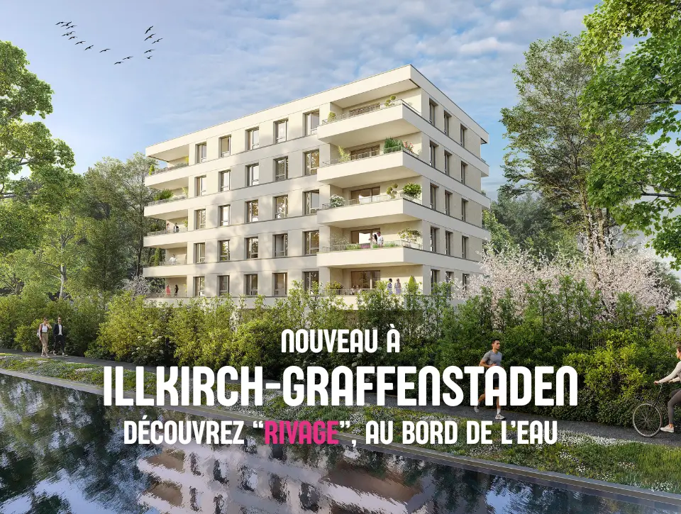 Résidence Rivage à Illkirch-Graffenstaden par Trianon Résidences, immeuble neuf contemporain en bord de l’eau avec balcons et environnement verdoyant.